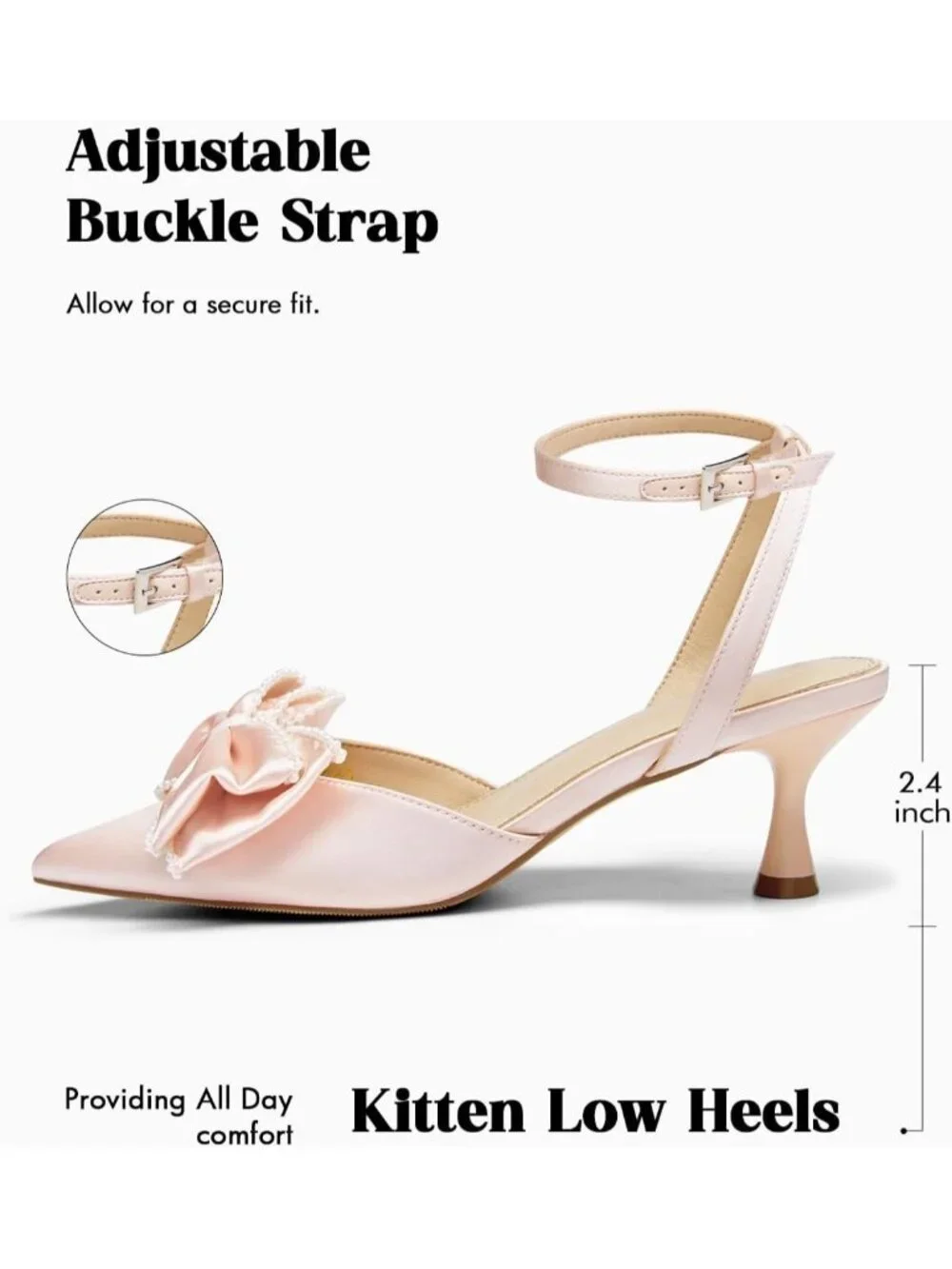 Women's Pink Satin Kitten Low Heels Bow Pearl Closed Pointed Toe Ankle Strap